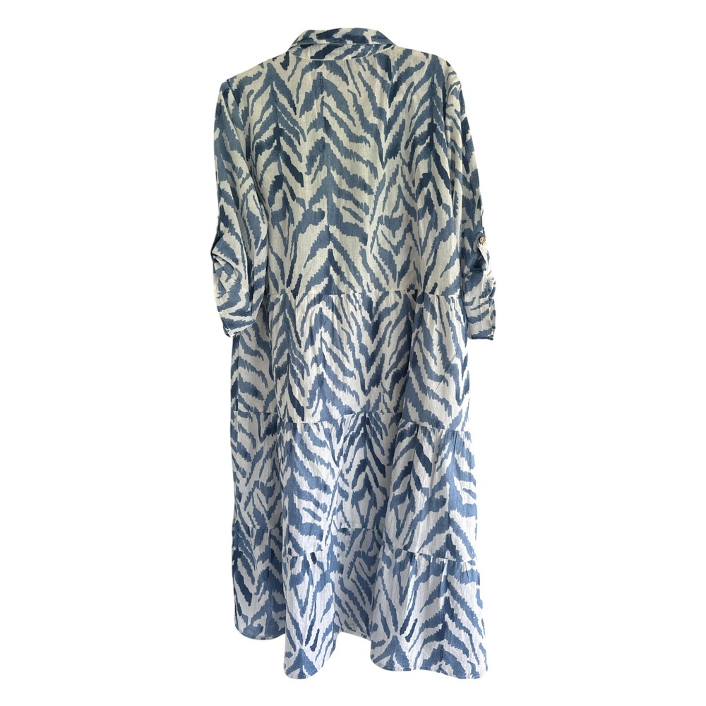 Mlle Gabrielle Tiered Maxi Shirt Dress XL Blue Zebra Print Coastal Boho Resort - Picture 3 of 9
